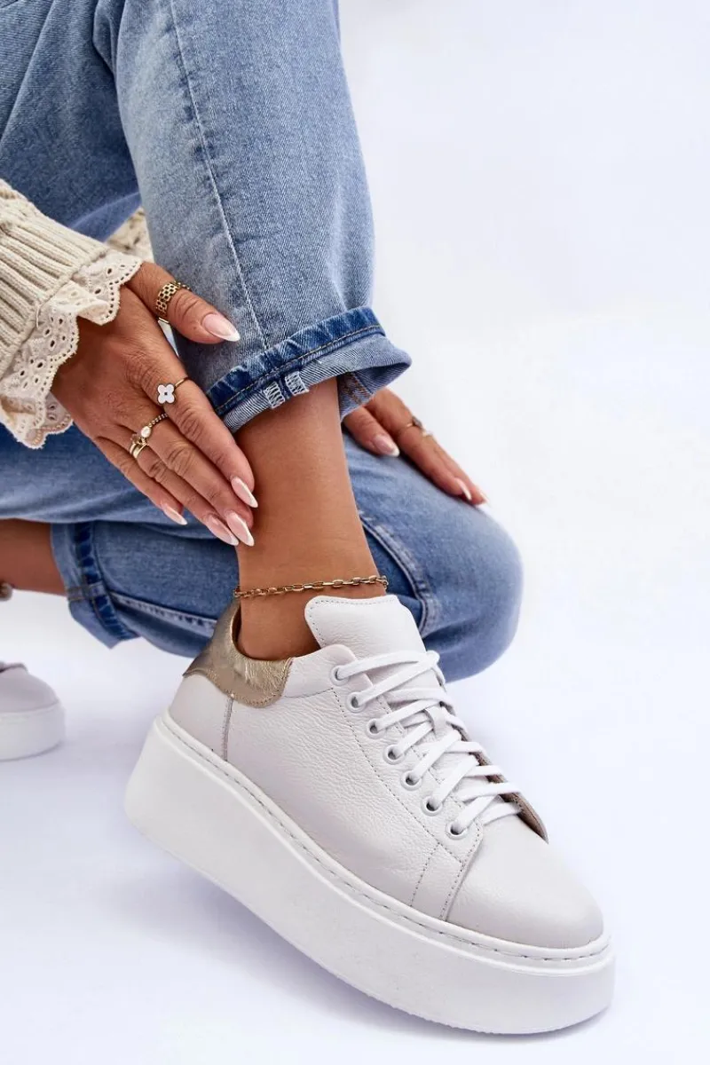 Sneakersy Damskie>Boto Damskie Buty Sportowe Skórzane na Platformie Białe Lemar 10150 - Złota Wstawka