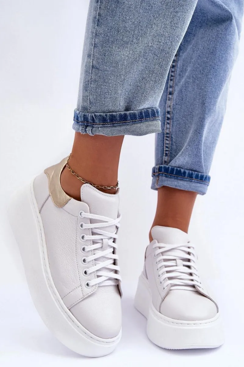 Sneakersy Damskie>Boto Damskie Buty Sportowe Skórzane na Platformie Białe Lemar 10150 - Złota Wstawka