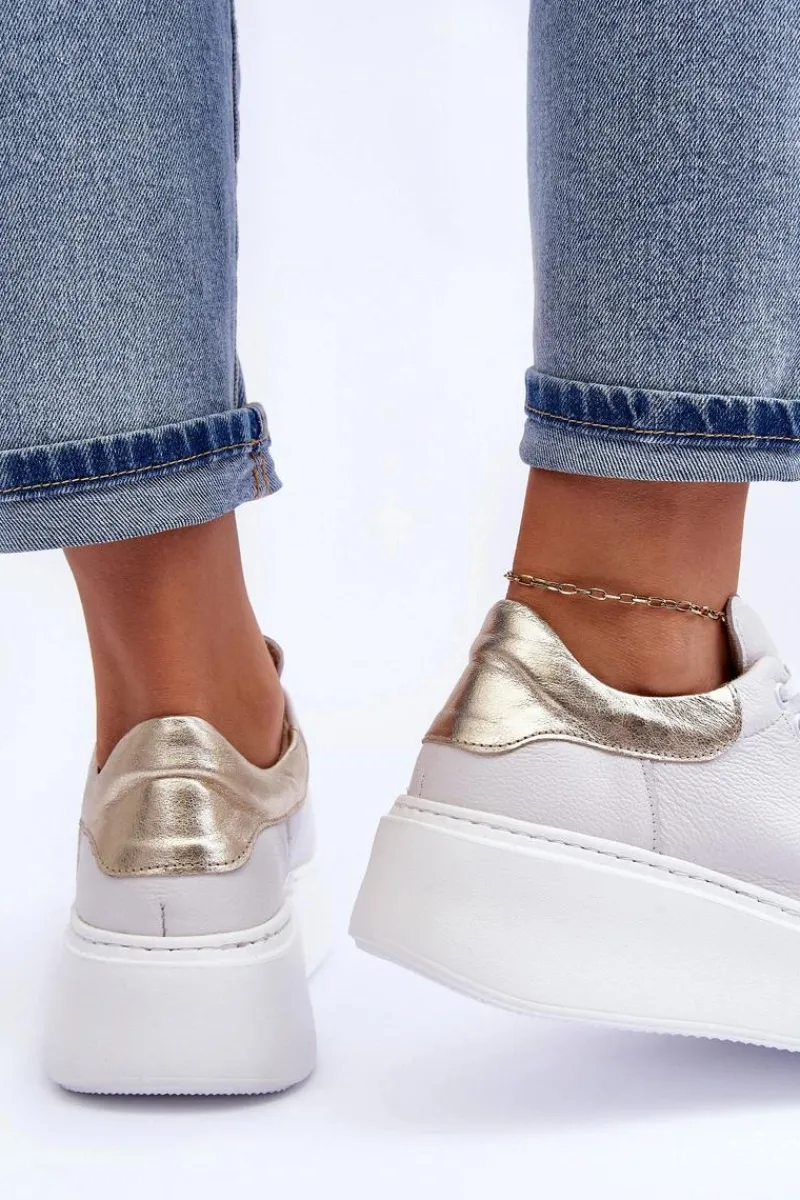 Sneakersy Damskie>Boto Damskie Buty Sportowe Skórzane na Platformie Białe Lemar 10150 - Złota Wstawka
