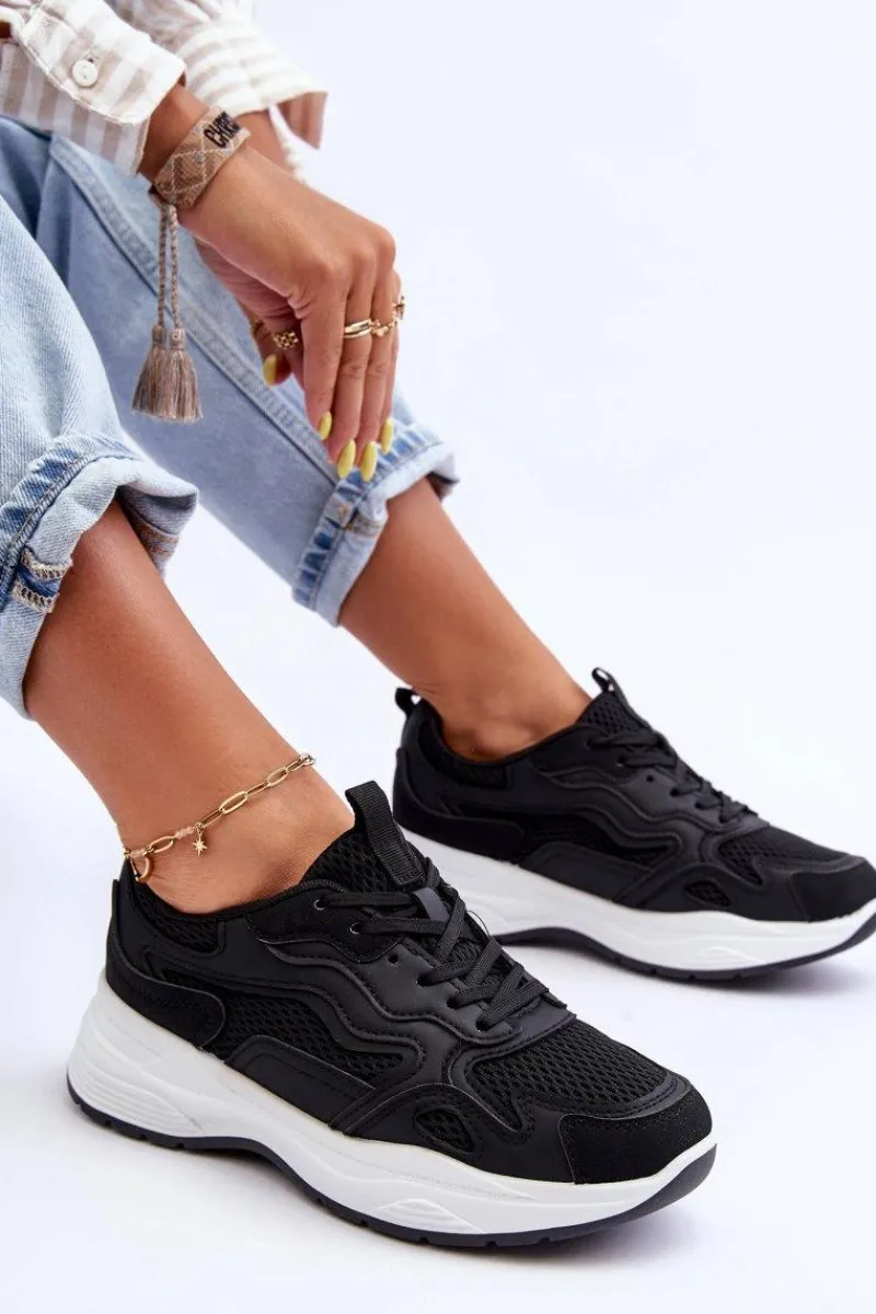 Damskie Buty Sportowe Sneakersy Na Platformie Czarno-Białe Lomare Damskie Buty Sportowe Na Platformie|Sneakersy Damskie