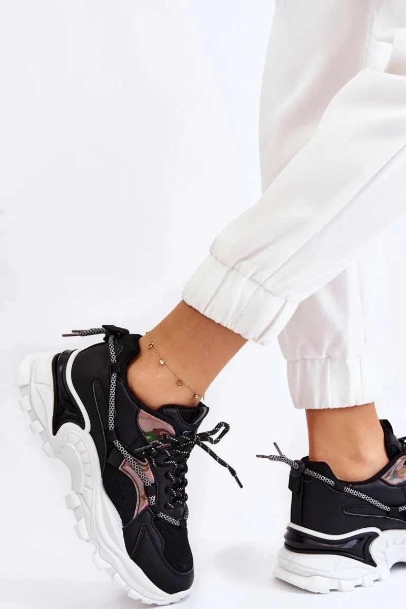 Sneakersy Damskie>Boto Damskie Buty Sportowe Sznurowane Na Platformie Czarne Minea