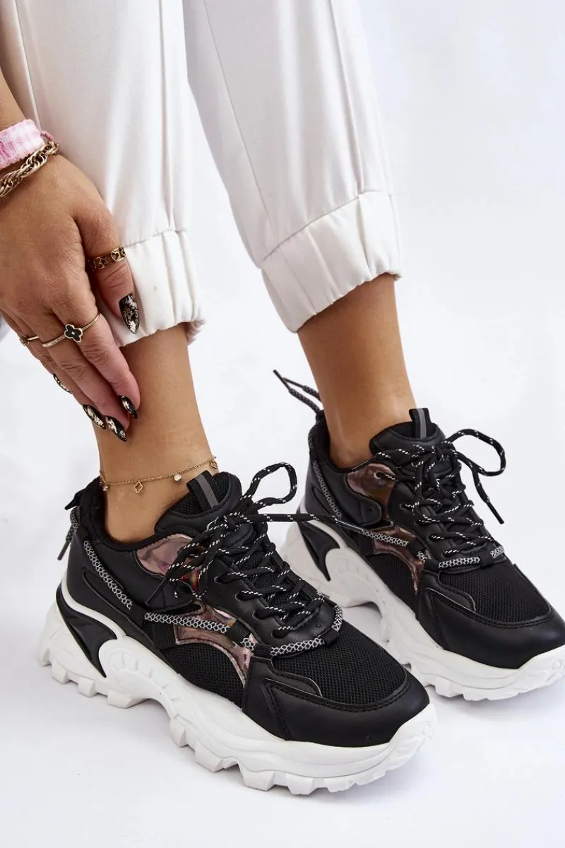 Sneakersy Damskie>Boto Damskie Buty Sportowe Sznurowane Na Platformie Czarne Minea