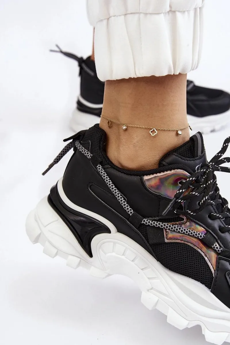 Sneakersy Damskie>Boto Damskie Buty Sportowe Sznurowane Na Platformie Czarne Minea