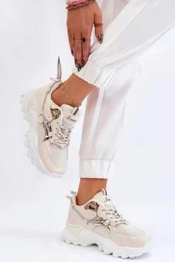 Sneakersy Damskie>Boto Damskie Buty Sportowe Sznurowane Na Platformie Beżowe Minea