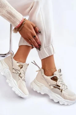 Sneakersy Damskie>Boto Damskie Buty Sportowe Sznurowane Na Platformie Beżowe Minea