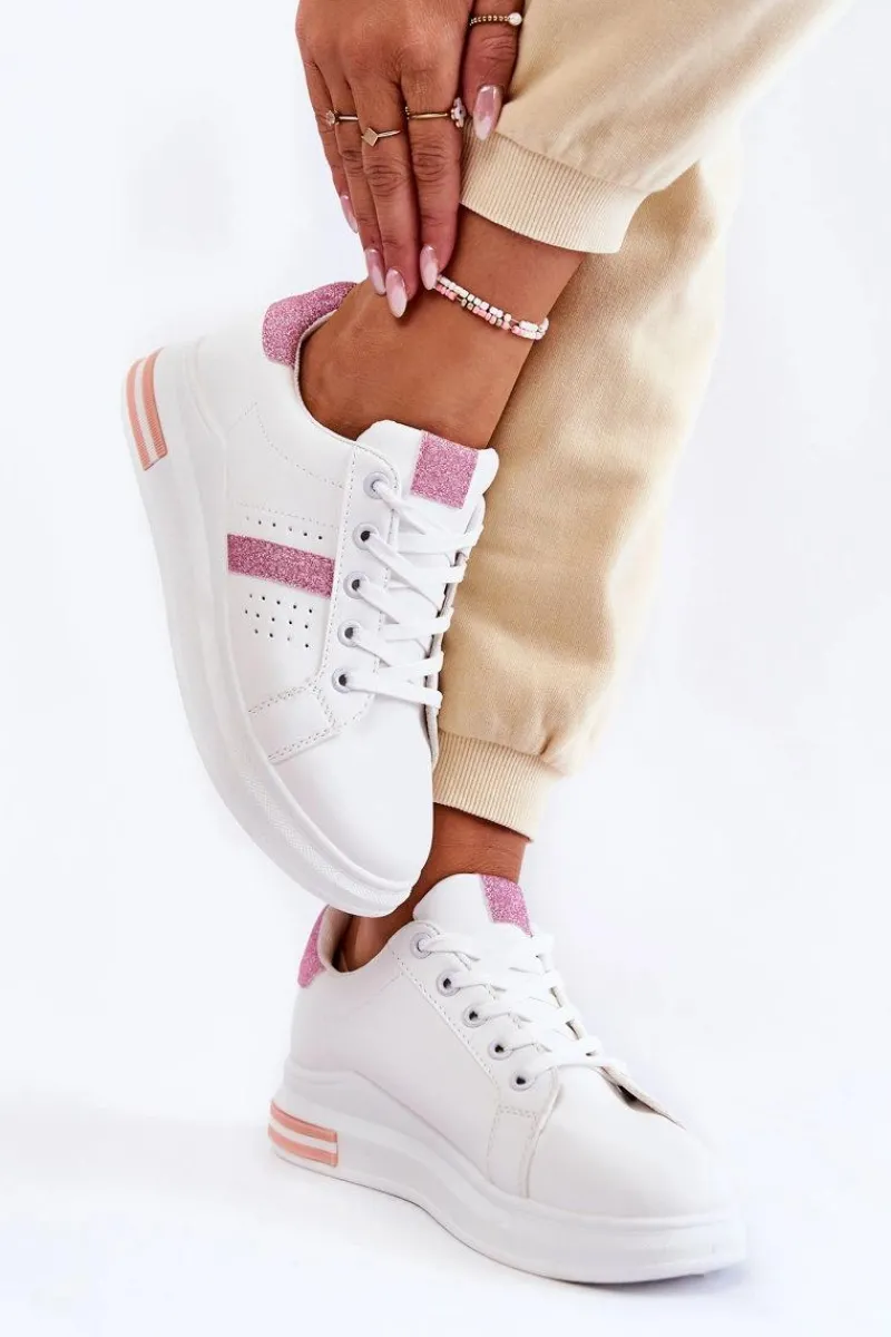 Sneakersy Damskie>Boto Damskie Buty Sportowe Wiązane Biało-Różowe Otylia