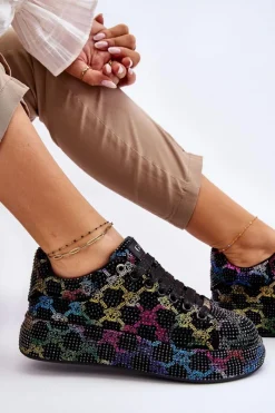 Sale Damskie Buty Sportowe Z Dżetami LL2N4010 Czarne Damskie Sneakersy Damskie