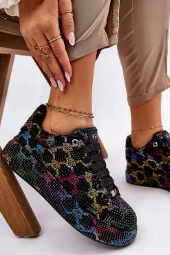 Sale Damskie Buty Sportowe Z Dżetami LL2N4010 Czarne Damskie Sneakersy Damskie