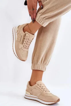 Outlet Boto Damskie Buty Sportowe Z Ozdobnym Zamkiem Beżowe Adrea