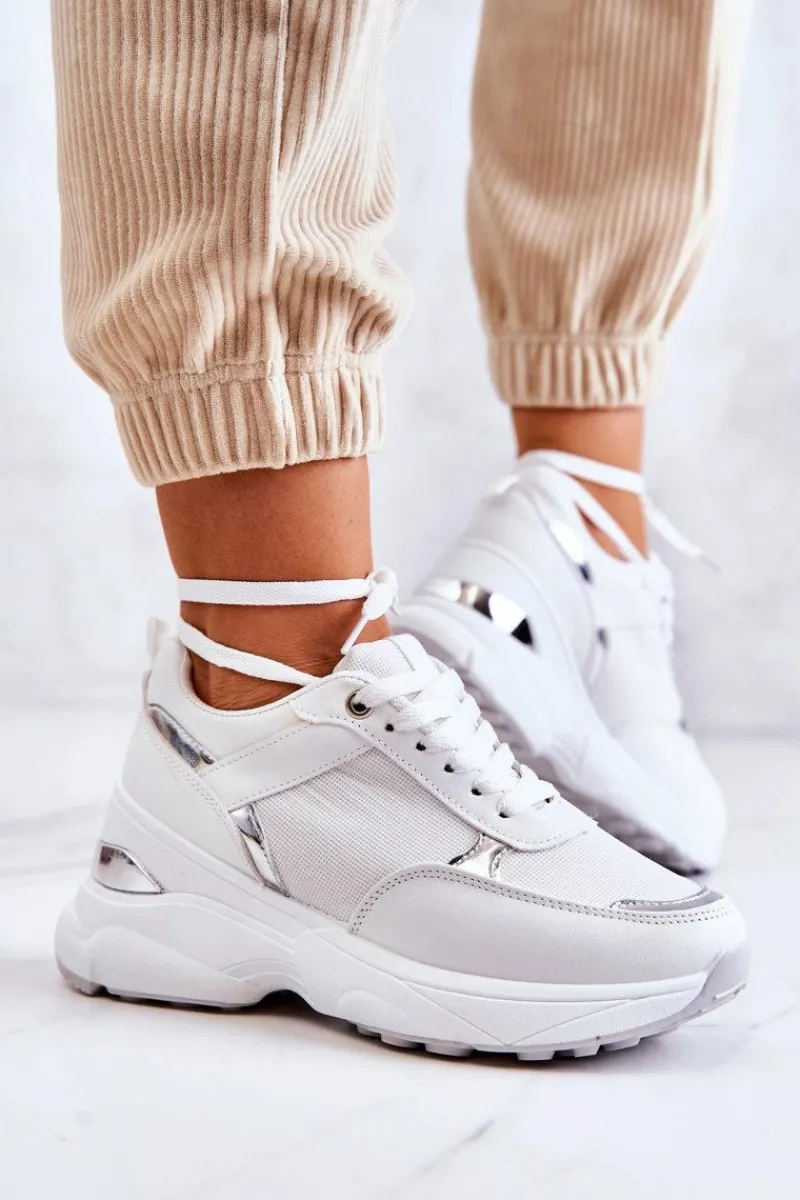 Sneakersy Damskie>Boto Damskie Błyszczące Buty Sportowe Na Koturnie Białe Activity