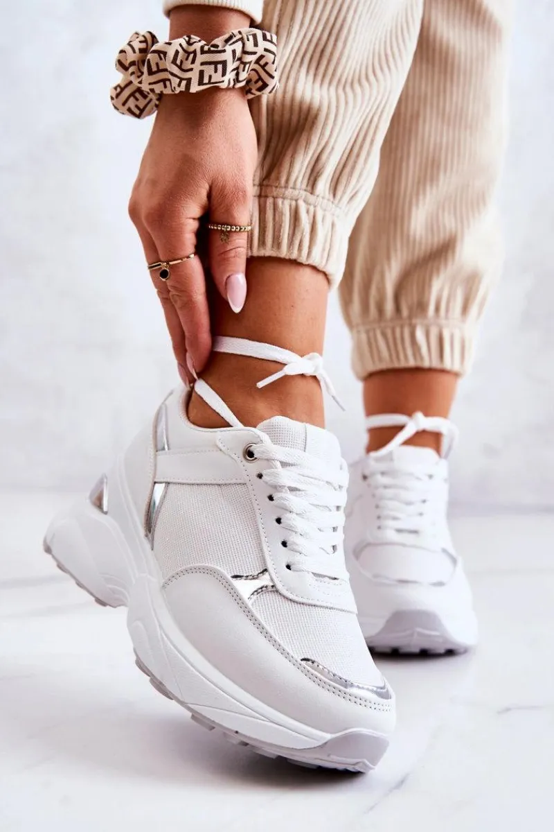 Sneakersy Damskie>Boto Damskie Błyszczące Buty Sportowe Na Koturnie Białe Activity