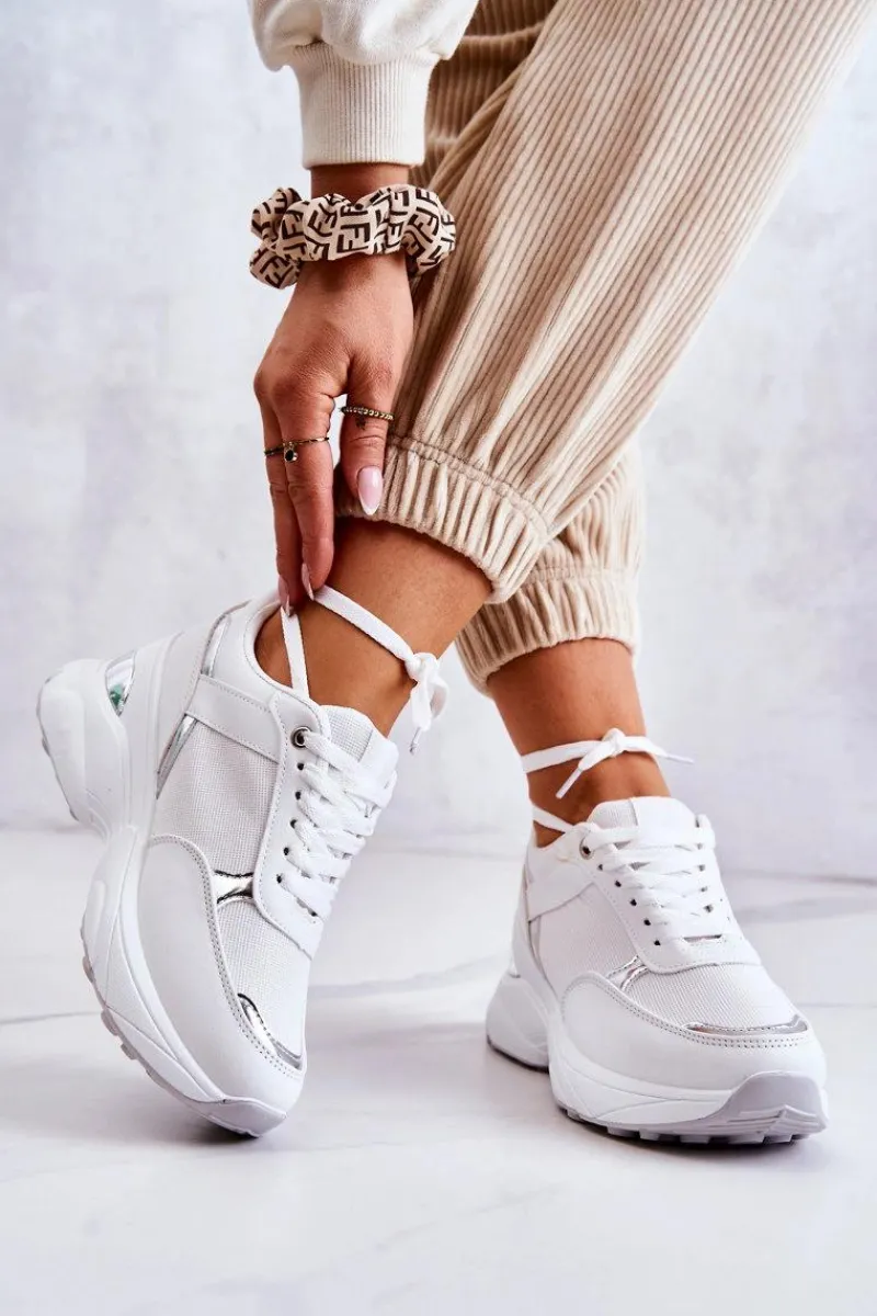 Sneakersy Damskie>Boto Damskie Błyszczące Buty Sportowe Na Koturnie Białe Activity