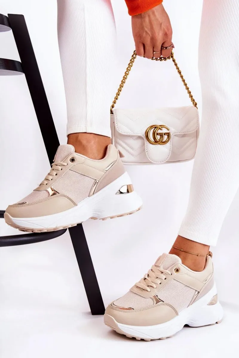 Best Damskie Błyszczące Buty Sportowe Na Koturnie Beżowe Activity Damskie Sneakersy Damskie