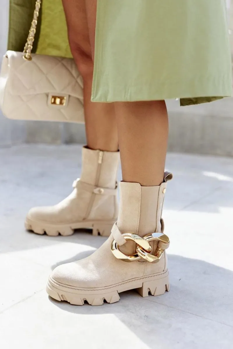 Outlet Damskie Ciepłe Botki Sztyblety Beżowe Rock My Life Damskie Botki Zimowe Damskie|Brązowe I Beżowe Botki