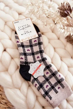 Online Damskie Ciepłe Skarpetki Krata Beżowo-Czarna Skarpetki|Skarpetki