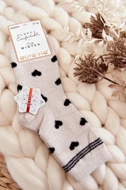 Online Aura.via Damskie Ciepłe Skarpetki W Serca Jasnoszare