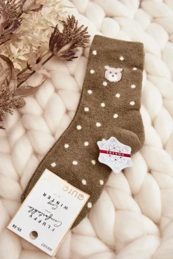 Outlet Damskie Ciepłe Skarpety W Kropki Z Misiem Zielone Skarpetki|Skarpetki