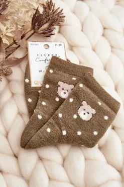 Outlet Damskie Ciepłe Skarpety W Kropki Z Misiem Zielone Skarpetki|Skarpetki