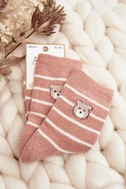Skarpetki|Skarpetki>Aura.via Damskie Ciepłe Skarpety W Paski Z Misiem Różowe Różowy