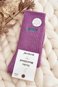 Hot Aura.via Damskie Ciepłe Skarpety Z Napisem Fioletowe
