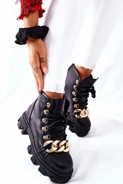 Discount Boto Damskie Ciepłe Trapery Botki z Łańcuchem Czarne Labri