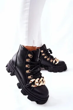 Discount Boto Damskie Ciepłe Trapery Botki z Łańcuchem Czarne Labri