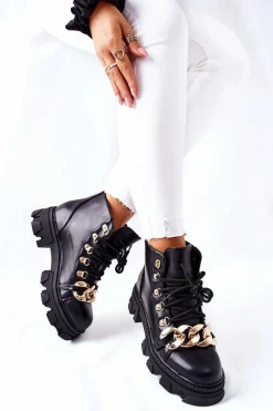 Discount Boto Damskie Ciepłe Trapery Botki z Łańcuchem Czarne Labri