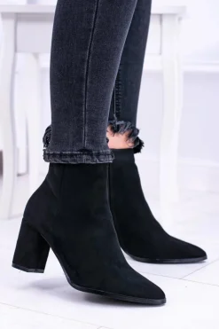 Clearance Damskie Czarne Botki Na Słupku w Szpic Amaltea Damskie Botki Na Słupku|Botki Zamszowe