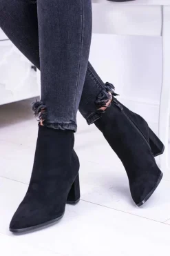 Clearance Damskie Czarne Botki Na Słupku w Szpic Amaltea Damskie Botki Na Słupku|Botki Zamszowe