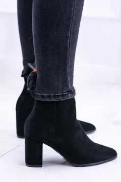 Clearance Damskie Czarne Botki Na Słupku w Szpic Amaltea Damskie Botki Na Słupku|Botki Zamszowe