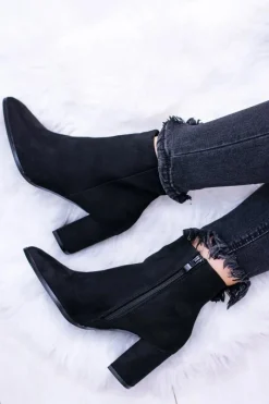 Clearance Damskie Czarne Botki Na Słupku w Szpic Amaltea Damskie Botki Na Słupku|Botki Zamszowe