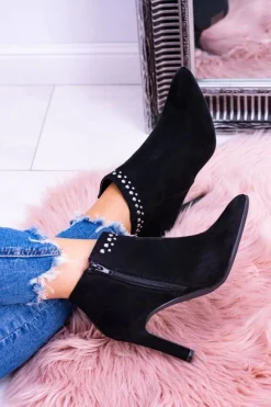 Hot Damskie Czarne Botki Na Szpilce Nity Bemi Damskie Botki Na Słupku|Czarne Botki