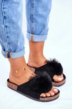 Outlet Boto Damskie Czarne Klapki Na Korku z Pomponem Galaxo