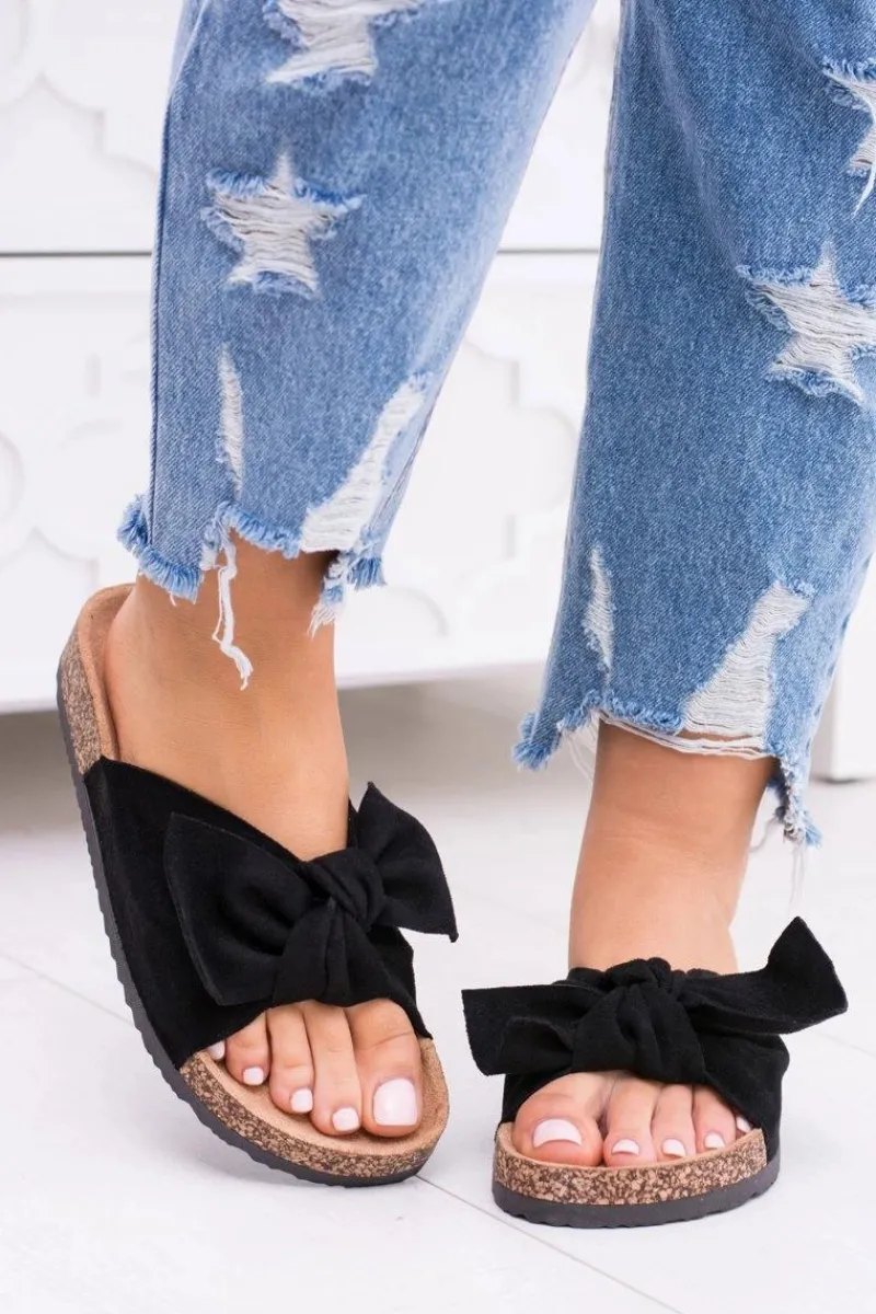 Klapki Korkowe|Klapki Damskie Klasyczne>Boto Damskie Czarne Klapki Na Korku Kokarda Dominica