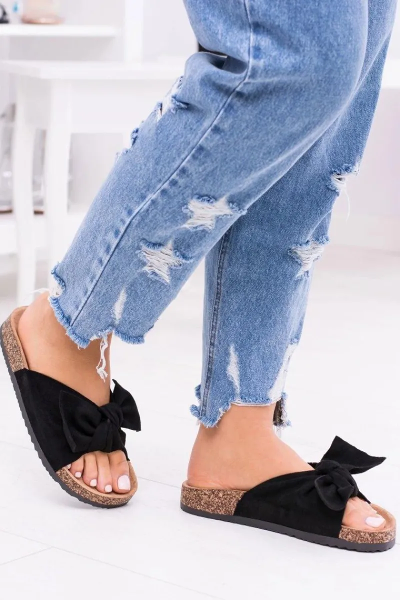 Klapki Korkowe|Klapki Damskie Klasyczne>Boto Damskie Czarne Klapki Na Korku Kokarda Dominica