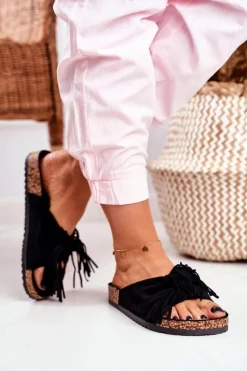 Klapki Korkowe|Klapki Damskie Klasyczne>Boto Damskie Czarne Klapki Na Korku Frędzle Marina