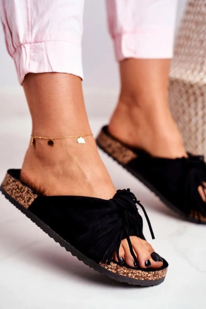 Klapki Korkowe|Klapki Damskie Klasyczne>Boto Damskie Czarne Klapki Na Korku Frędzle Marina