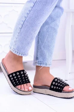 Klapki Damskie Klasyczne>Boto Damskie Czarne Klapki z Cyrkoniami Orto