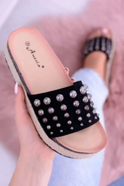 Klapki Damskie Klasyczne>Boto Damskie Czarne Klapki z Cyrkoniami Orto