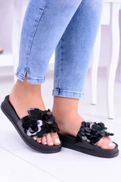 Klapki Sportowe|Klapki Damskie Klasyczne>Boto Damskie Czarne Klapki z Kwiatowym Wzorem Muah