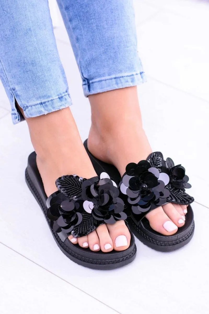 Klapki Sportowe|Klapki Damskie Klasyczne>Boto Damskie Czarne Klapki z Kwiatowym Wzorem Muah