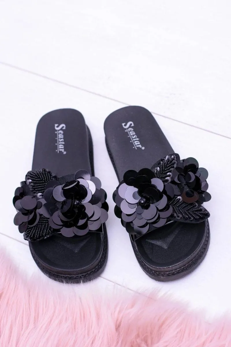 Klapki Sportowe|Klapki Damskie Klasyczne>Boto Damskie Czarne Klapki z Kwiatowym Wzorem Muah