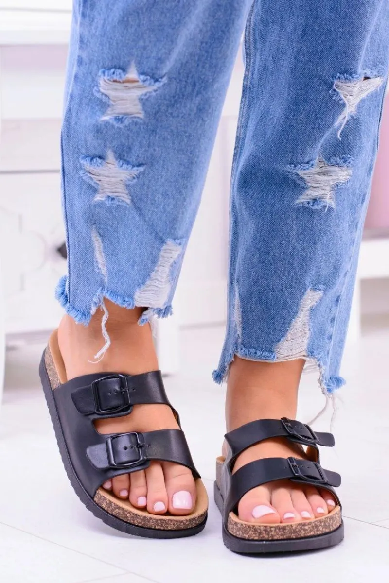 Klapki Korkowe|Klapki Damskie Klasyczne>Boto Damskie Czarne Klapki Z Klamrami Na Korku Ferone