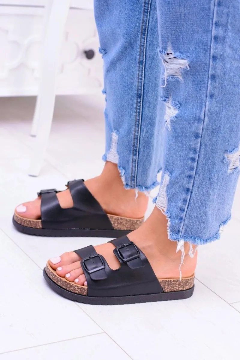 Klapki Korkowe|Klapki Damskie Klasyczne>Boto Damskie Czarne Klapki Z Klamrami Na Korku Ferone