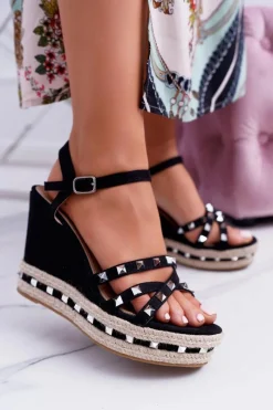 Sandały Na Koturnie>Boto Damskie Czarne Sandały Na Koturnie Ćwieki Amare