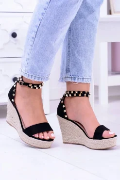 Sandały Na Koturnie>Boto Damskie Czarne Sandały Na Koturnie Espadryle Coco