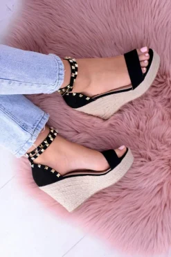 Sandały Na Koturnie>Boto Damskie Czarne Sandały Na Koturnie Espadryle Coco