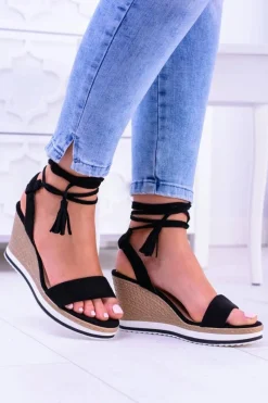 Outlet Boto Damskie Czarne Sandały Na Koturnie Platter