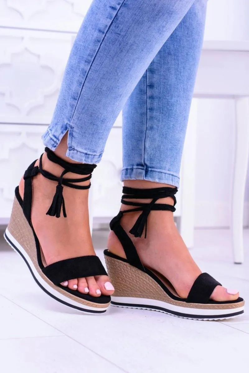 Outlet Boto Damskie Czarne Sandały Na Koturnie Platter