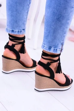 Outlet Boto Damskie Czarne Sandały Na Koturnie Platter